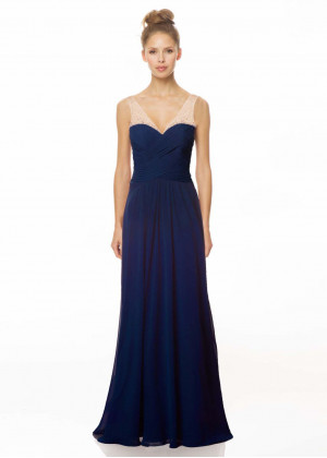 A-line V Neckline Navy Blue Beaded Chiffon Prom Dress